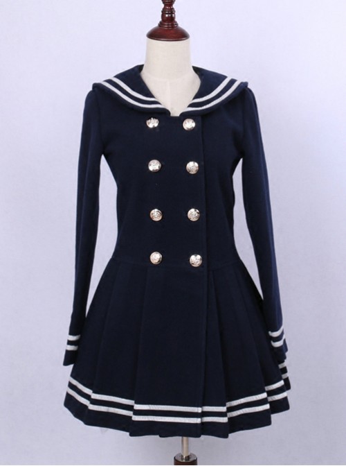 College Style Deep Blue Double-breasted Navy Collar Pleated Skirt Pendulum Woolen Lolita Coat  |  Coat & Jacket