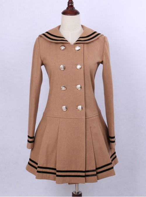 College Style Light Tan Double-breasted Navy Collar Pleated Skirt Pendulum Woolen Lolita Coat  |  Plus Size Lolita Coat & Jacket