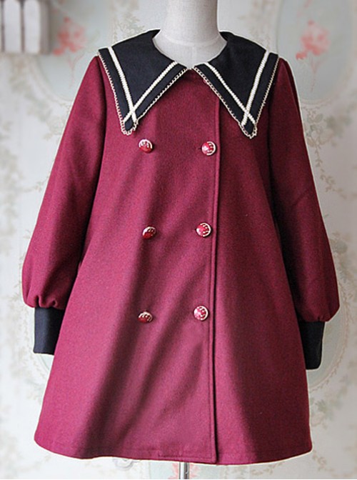 College Style Wine Red Pointed Collar Lolita Coat  |  Coat & Jacket