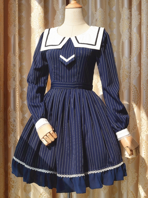 College Uniform Style Sailor Collar Navy Blue Stripes School Lolita Long Sleeve Dress  |  Plus Size Lolita Dresses