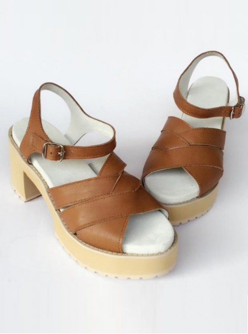 Comfortable Brown Leather Daily High Heel Sandals  |  Lolita Sandals