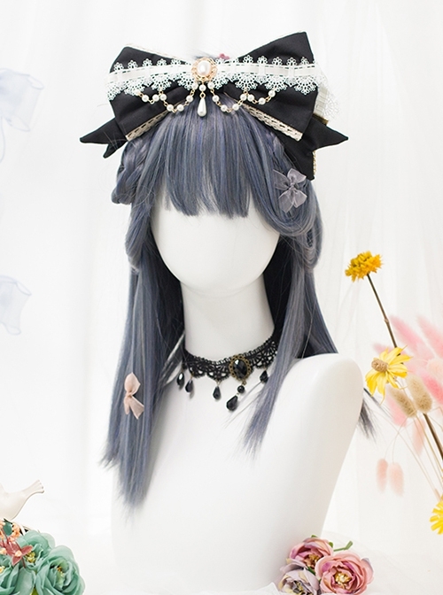 Comic Style Versatile Mixed Blue Air Bangs Middle Long Straight Hair Classic Lolita Full Head Wig  |  Wigs