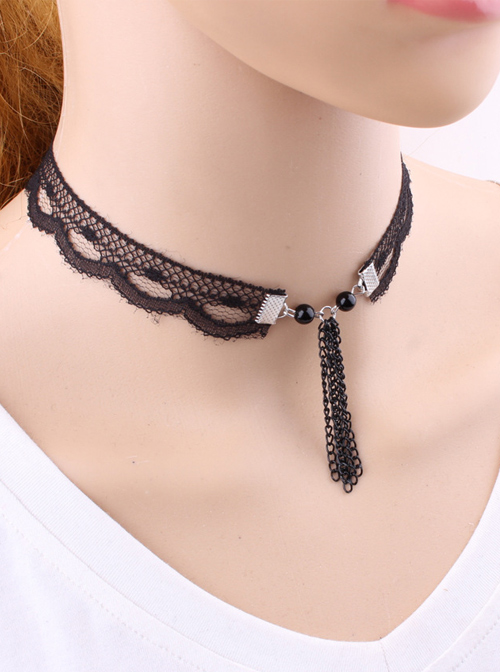 Concise Black Lace Metal Chain Tassel Girls Lolita Necklace  |  Lolita Necklaces