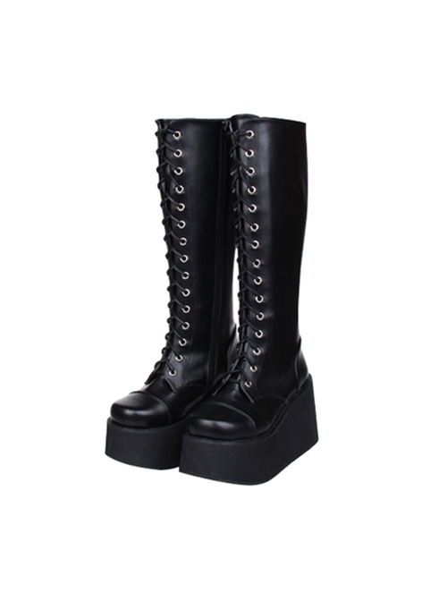 Concise Lace-up Black Lolita High Boots  |  Lolita Boots