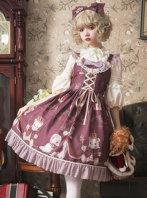 Coronation Bear Series JSK Chiffon Classic Lolita Sling Dress Version 1  |  Classic Lolita Dresses