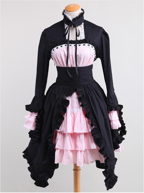 Cotton Black And Pink Sweet Lolita Long Sleeve Maid Dress  |  Plus Size Lolita Dresses