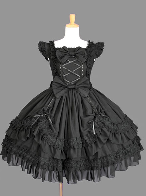 Cotton Black Lace Bowknot Gothic Lolita Sleeveless Dress  |  Plus Size Lolita Dresses