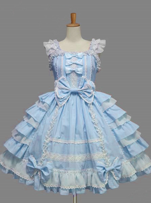 Cotton White Lace Bowknot Blue Sweet Lolita Sling Dress  |  Plus Size Lolita Dresses