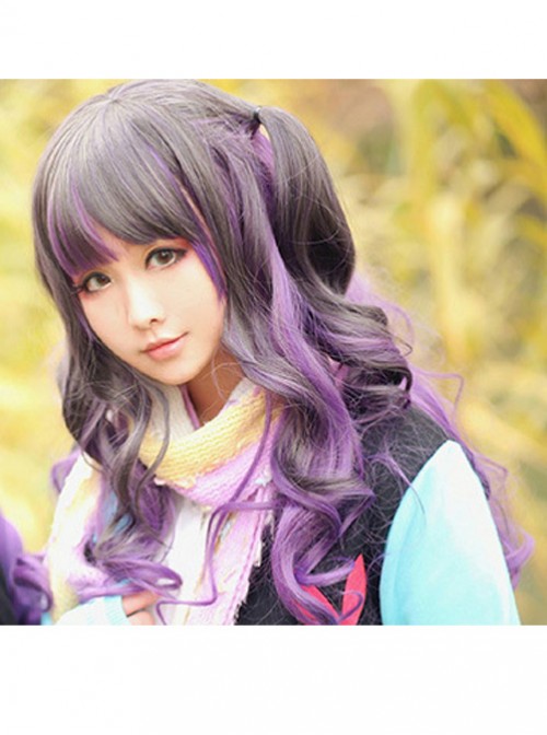 Couple Harajuku wind black gray gradient purple lolita temperament long curly wig  |  Wigs