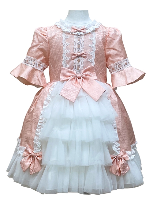 Court-Style Pink Bow Decoration Pleated Lace Classic Lolita Trumpet Sleeve Kid Fluffy Princess Cake Dress  |  Kids Dresses