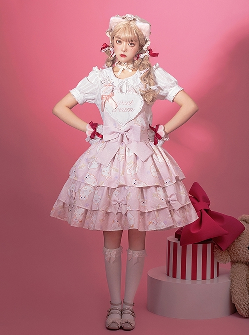 Cream Cat Series Cute Soft Girl Daily Ruffled Bow Kitten Print Sweet Lolita Dress  |  Sweet Lolita Dresses