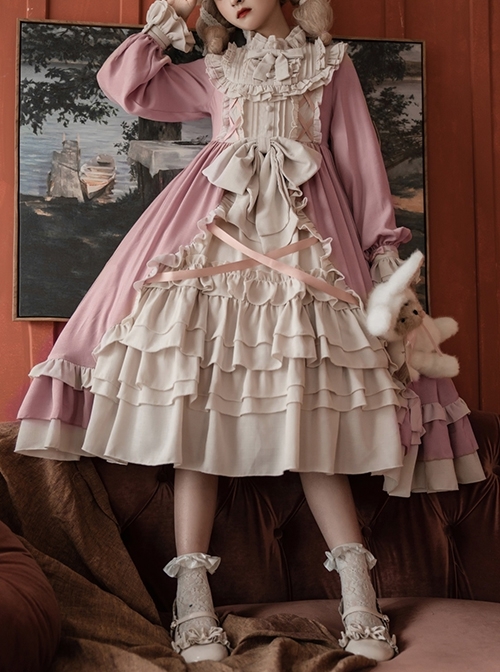 Cream Tower Series OP Stand Collar Ruffle Big Hem Classic Lolita Grace Long-Sleeved Dress  |  Classic Lolita Dresses