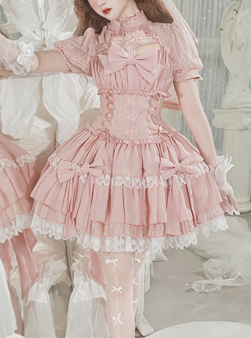 Cross Dream Series Barbie Style Ballet Pink Doll Sense Butterfly Lace Sweet Lolita Short Sleeve Dress OP  |  Sweet Lolita Dresses