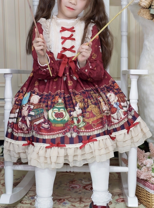 Crown Bear Series Red Printed Lace Sweet Lolita Girls Kids Long Sleeve Dress  |  Kids Dresses