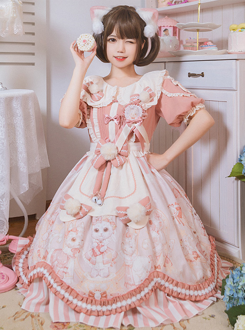 Crown Kitten Series Doll Collar Pink Sweet Lolita Puff Short Sleeve Dress  |  Sweet Lolita Dresses