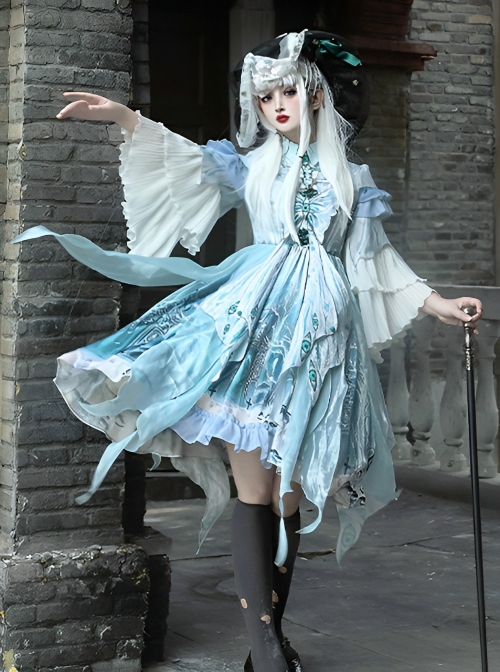 Cthulhu Mythos Azathoth Halloween Blue Eyeball Butterfly Fantasy Creatures Magic World Classic Lolita Long Sleeves Dresses Set  |  Classic Lolita Dresses