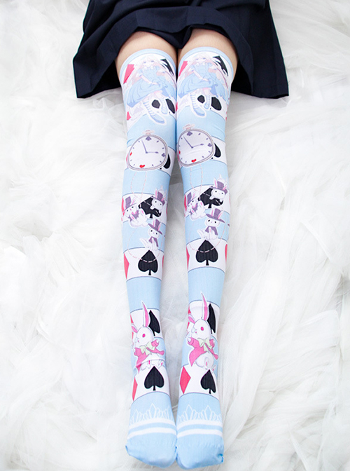 Cute Alice Blue And White Stripes Sweet Lolita Knee-crossing Stockings  |  Lolita Socks