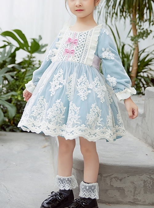 Cute Autumn Crochet Embroidery Lace Bow-Knot Decorated Lantern Sleeves Sweet Lolita Kids Long Sleeve Dress  |  Kids Dresses