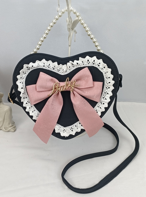 Cute Big Bow Knot Metal Letter Heart Shape Lace Decoration Classic Lolita Heart Pearl Chain Shoulder Bag  |  Lolita Bags