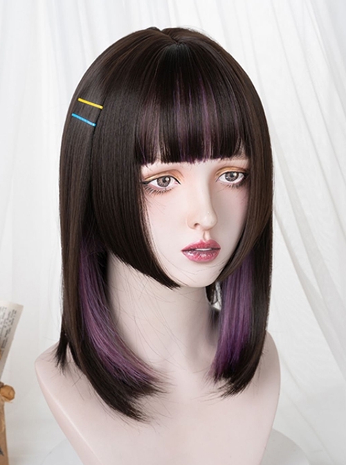 Cute Black Purple Mixed Color Medium Long Straight Hair Qi Bangs Punk Lolita Wig  |  Wigs