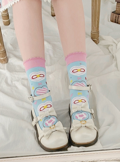 Cute Blue Pink Printed Knit Short Tube Socks Sweet Lolita Socks  |  Lolita Socks