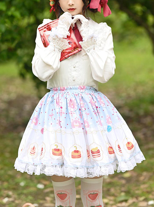 Cute Cake Printing Sweet Lolita Ruffle White Lace Light Blue Skirt  |  Plus Size Lolita Skirts