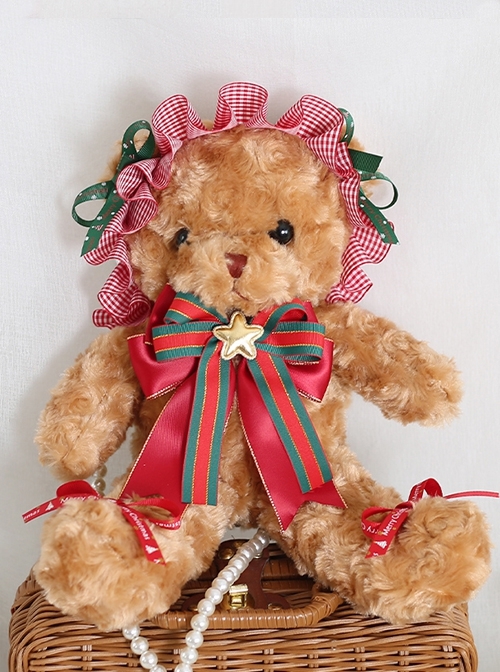 Cute Christmas Brown Plush Bear Bow Plaid Doll Sweet Lolita Messenger Bag  |  Lolita Bags