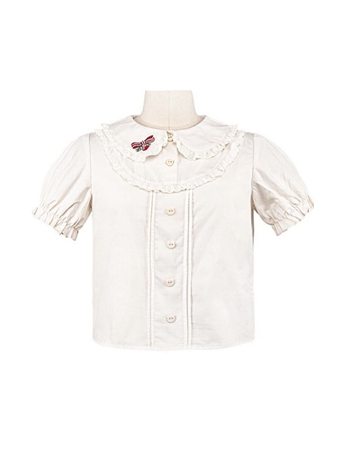 Cute Doll Collar Ruffle Puff Sleeves Sweet Lolita Simple Short Sleeve Shirt  |  Blouses