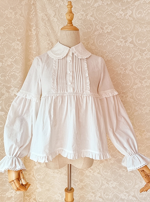 Cute Doll Neckline Hem Pleated Ruffle Simple White Cotton Classic Lolita Thickened Long Sleeve Shirt  |  Blouses