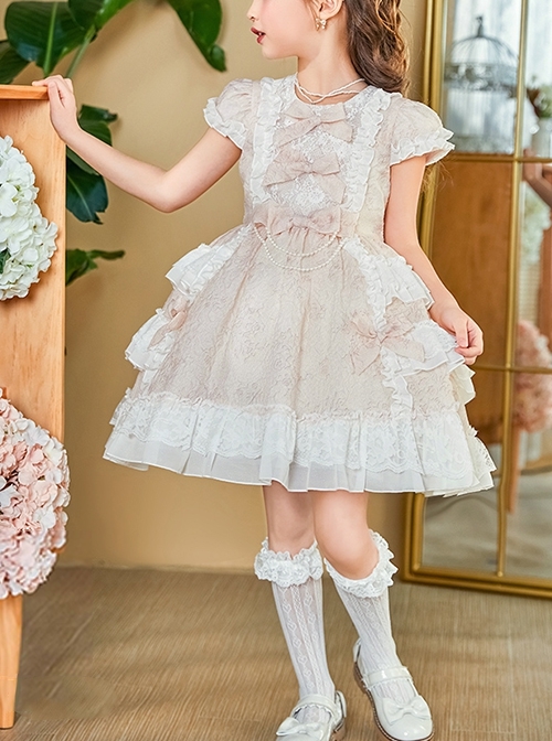 Cute Elegant Court Style Lace Bowknot Pearl Decoration Ruffle Cuffs Puffy Hem Kids Sweet Lolita Short Sleeve Dress  |  Kids Dresses