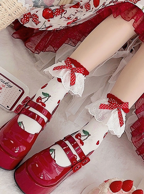 Cute Girl Daily Versatile Bowknot Polka Dot White Lace Red Cherry Short Cotton Sweet Lolita Socks  |  Lolita Socks