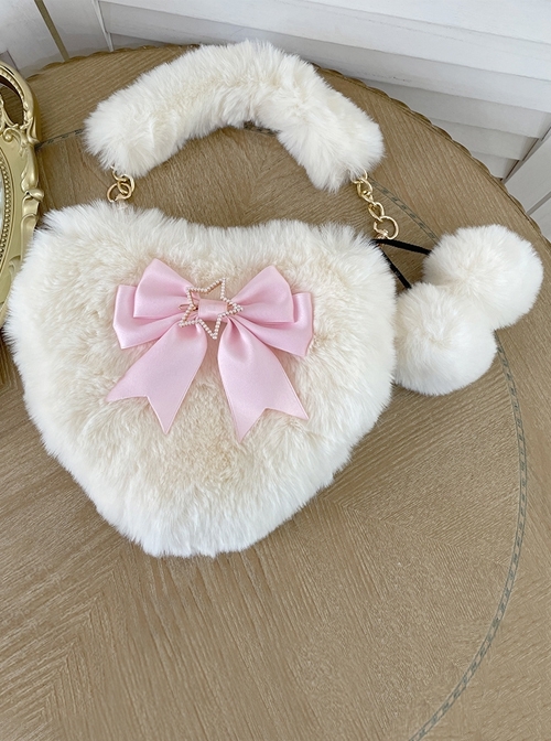 Cute Heart-Shaped Plush Balls Bowknot Metal Star Decoration Sweet Lolita Handbag  |  Lolita Bags