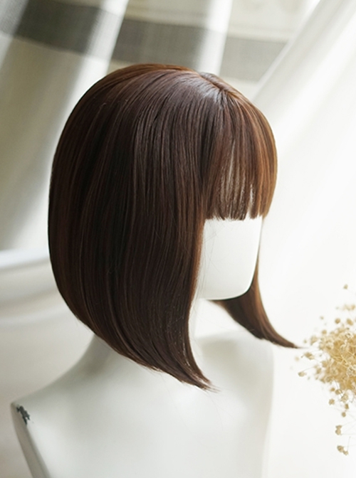 Cute Japanese Inner Buckle Short Hair Daily Natural Air Bangs Classic Lolita Brown Wig  |  Wigs