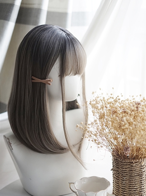 Cute Japanese Inner Button Long Straight Hair Natural Air Bangs Decoration Classic Lolita Gray Gradient Wig  |  Wigs