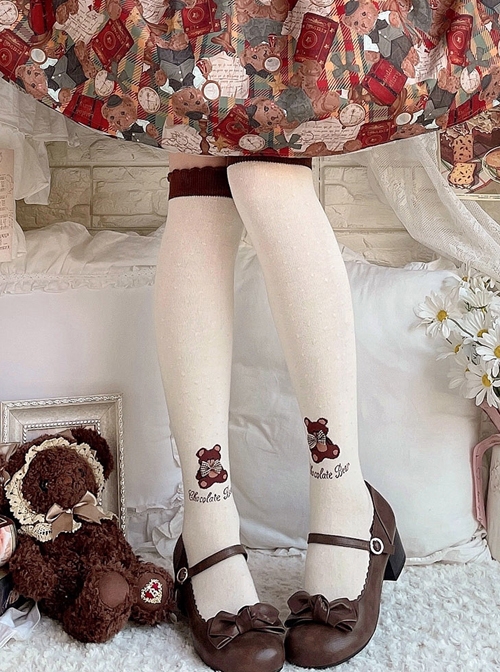 Cute Japanese Style Brown Chocolate Bear Pattern Decoration Lolita Girl Knee-High Cotton Socks  |  Lolita Socks