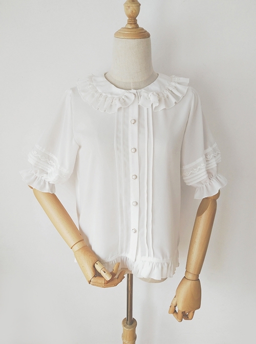 Cute Lace Doll Collar Ruffle Trim Lantern Sleeve Chiffon Classic Lolita Short Sleeve Shirt  |  Blouses