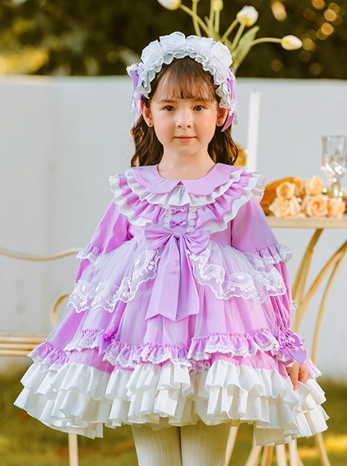 Cute Lapel Lace Stitching Lantern Sleeve Lace Ruffle Hem Spring Autumn Classic Lolita Kids Long-Sleeved Dress  |  Kids Dresses