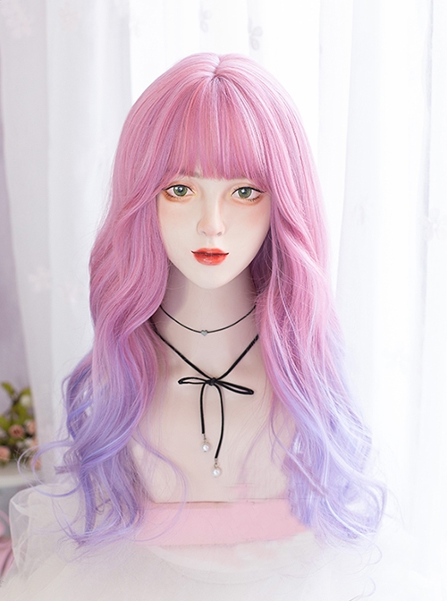 Cute Pink Blue Purple Gradient Air Bangs Long Curly Hair Lolita Wigs  |  Wigs