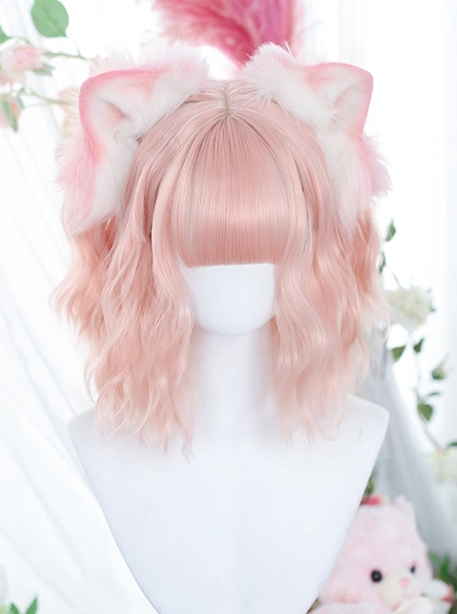 Cute Pink Qi Bangs Irregular Curly Short Curly Hair Sweet Lolita Wig  |  Wigs