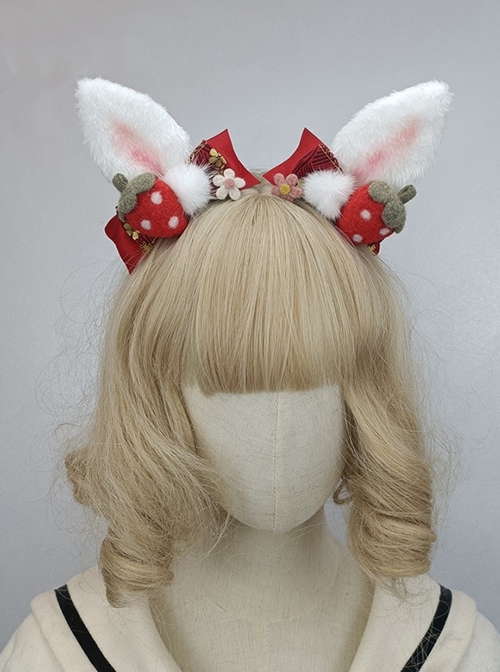 Cute Pink-White Rabbit Ears Strawberry Bow-Knot Hairball Sweet Lolita Daily Christmas Hair Clip  |  Lolita Hairpins