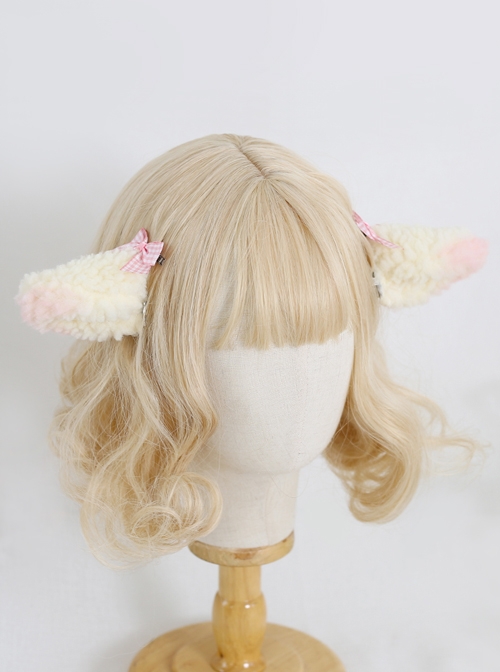 Cute Plush Lamb Ears Plaid Sweet Bowknot Lolita Hairpins  |  Lolita Hairpins