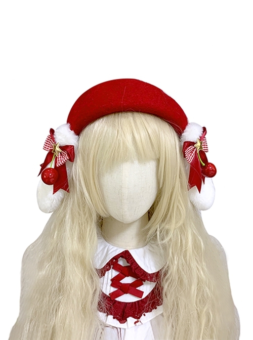 Cute Plush Rabbit Ears Bowknot Cherry Decoration Red Christmas Sweet Lolita Kids Berets  |  Kids Headbands