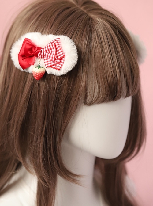 Cute Plush Red Plaid Bowknot Strawberry Sweet Lolita Hair Clip  |  Lolita Hairpins