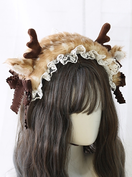 Cute Plush Speckled Elk Antlers Lace Solid Color Bow Removable Christmas Classic Lolita Headband  |  Lolita Headbands