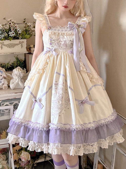 Cute Princess Printed Bowknot Decorated Lace Ruffled Big Hem Sweet Lolita Sleeveless Dress  |  Sweet Lolita Dresses