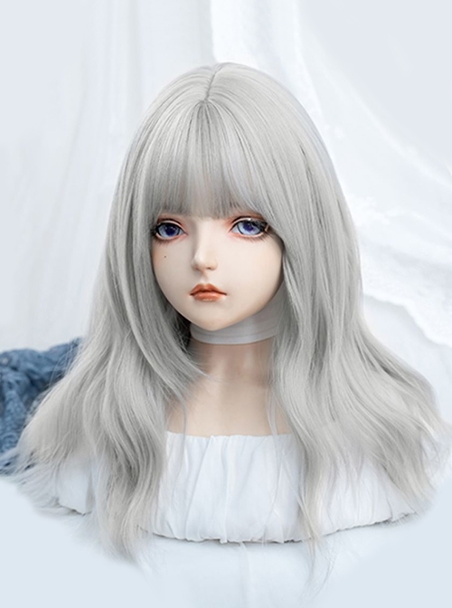 Cute Qi Bangs Silver Gray Irregular Big Wavy Long Curly Hair Sweet Lolita Wig  |  Wigs