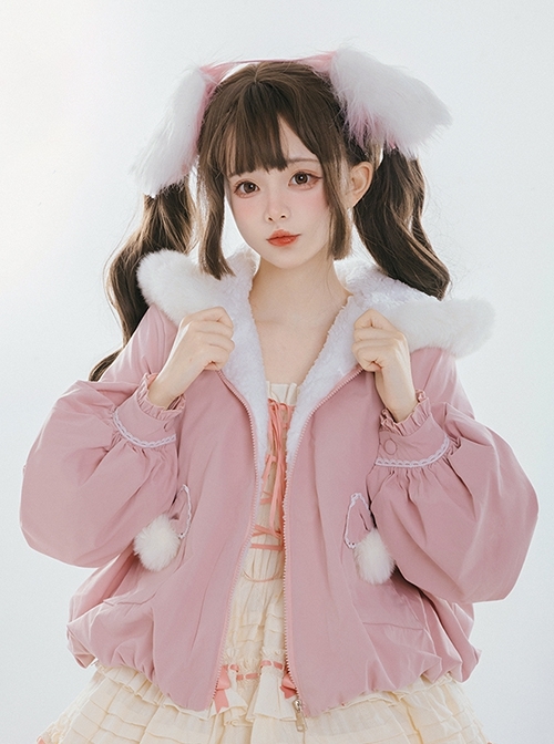 Cute Rabbit Ears Autumn Winter Plush Plush Ball Lantern Sleeves Sweet Lolita Short Coat  |  Coat & Jacket