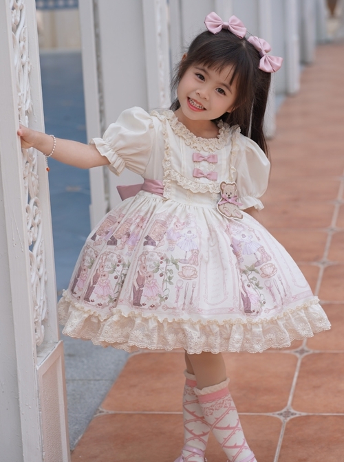 Cute Rabbit Print Puff Sleeve Bowknot Decoration Sweet Lolita Kids Short Sleeve Dress  |  Kids Dresses