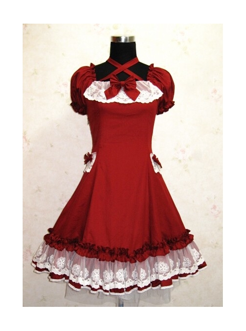 Cute Short Sleeves Red Cotton Lolita Dress  |  Plus Size Lolita Dresses