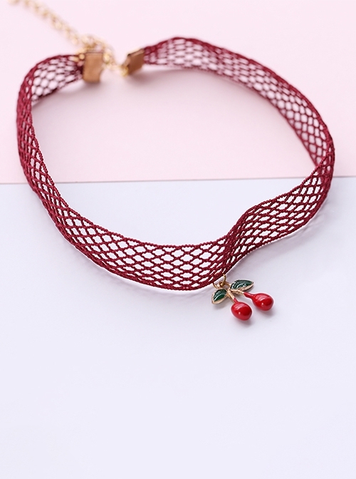 Cute Simple Versatile Kawaii 3D Cherry Pendant Lace Mesh Accessory Sweet Lolita Necklace  |  Lolita Necklaces